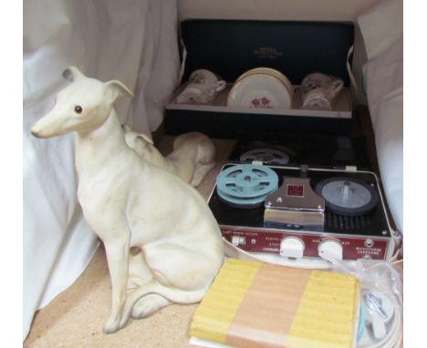 An International 4TR tape recorder A4411 together with two pottery models of whippets and a Royal Worcester boxed part tea se