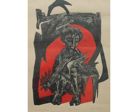 Rudolf Harold van Rossem Boy with cock Limited edition woodblock print, No.32/35 Signed and dated '56 48.5 x 35.5cm
