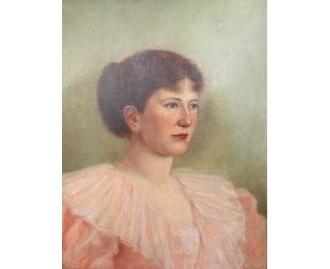 20th century British SchoolHead and shoulders portrait of a lady in a pink dressOil on canvas50 x 40cm