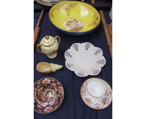 A Minton cockerel bowl together with a Coalport twin handled vase and cover, Worcester shell, Spode cabinet cups and saucers