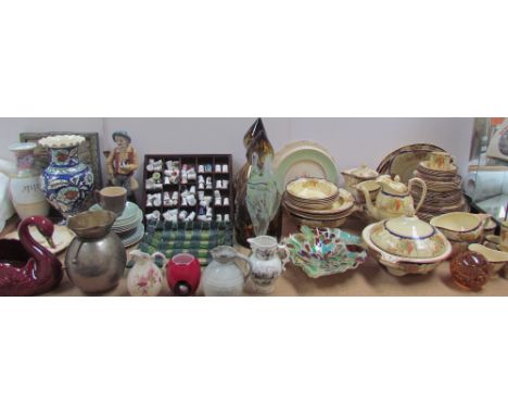 A Bursley Bacchus pattern part tea and dinner service together with amber glass decanters, Murano glass fish, thimbles, vases