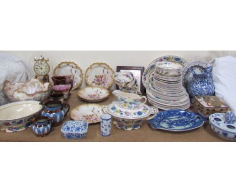 A Masons Regency pattern part dinner set together with a 19th century floral decorated part dessert set, copper lustre jugs, 
