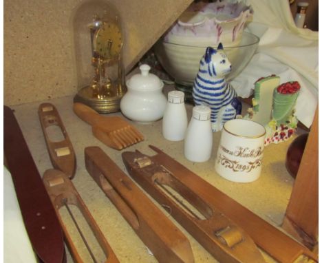 Assorted loom shuttles together with an anniversary clock, glass bowl, 19th century mug etc