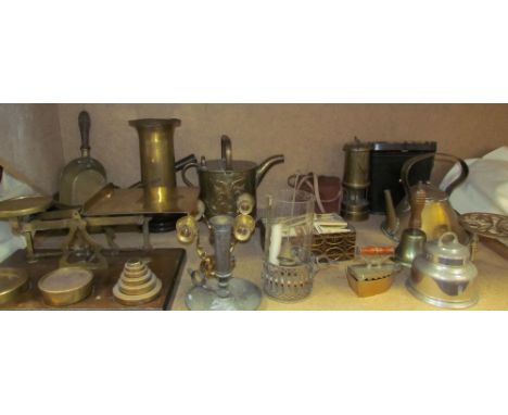A brass letter scales together with trench art, brass pans, miners lamp, other brass wares, binoculars, camera etc