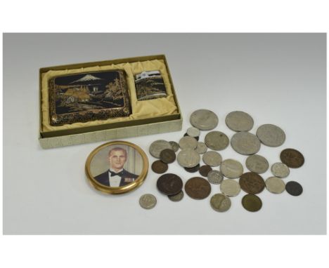 Mixed Lot Comprising A Boxed Japanese Cigarette Case And Lighter, Ladies Compact, Yellow Metal Cufflinks, Small Collection Of