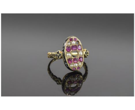 William IV 18ct Mourning Ring Set With Rubies and Pearls- With Enamel to Shoulders and Outer Ring Shank. Pearl Missing to Cen