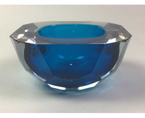 GROUP OF GLASS ITEMS, including two geometric dishes, an Edinburgh Crystal clock and other glass ware