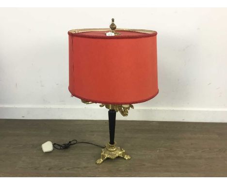 TABLE LAMP WITH ORANGE SHADE, AND A GILT FIGURE the lamp black and brass, the figure on a plinthlamp 66cm highQty: 2