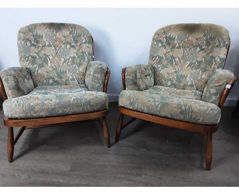 PAIR OF MODERN ERCOL ARMCHAIRS, with floral cushions