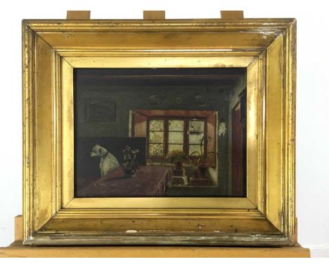 DOG SITTING ON BENCH, AND A FURTHER PRINT oil on boardframed38cm x 66xmQty: 2