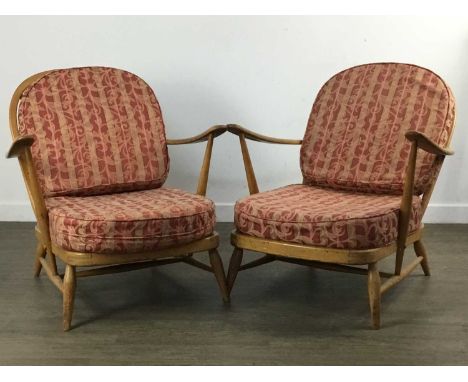 PAIR OF ERCOL LOUNGE CHAIRS, with spindle backs and loose cushionsQty: 2