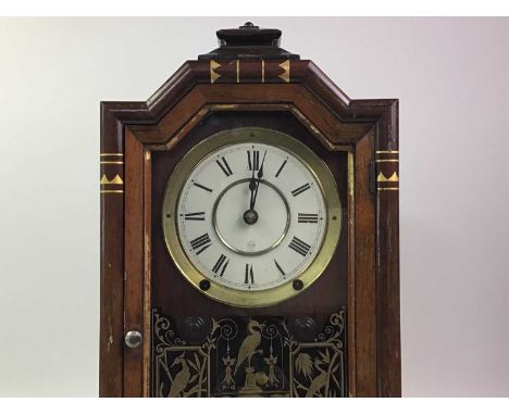 AMERICAN ROSEWOOD SHELF CLOCK, 19TH CENTURY  the white enamel dial with numerals in black behind a glass goor decorated with 