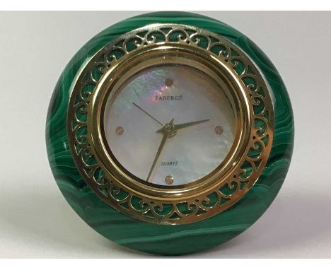 CONTEMPORARY FABERGE DESK CLOCK, with mother of pearl dial and malachite surround