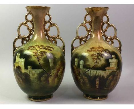 PAIR OF CERAMIC VASES, decorated with scenes of Windsor and Haddow Hall36cm highQty: 2