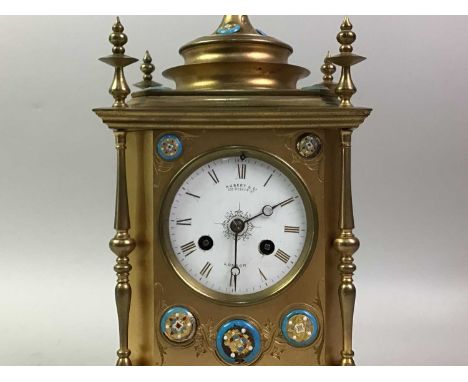 FRENCH GILT METAL AND ENAMEL MANTLE CLOCK, LATE 19TH/EARLY 20TH CENTURY with two train movement, the dial set with Roman nume