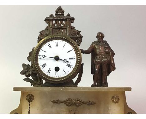 VICTORIAN ALABASTER AND CAST METAL MANTEL CLOCK, AND VARIOUS OTHERS the alabaster clock with a figural surmount, along with a