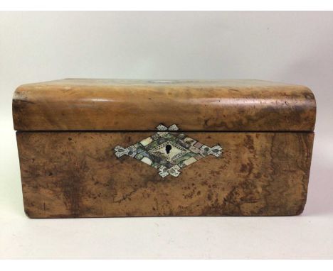 VICTORIAN WALNUT CASKET, AND OTHER WOOD ITEMS the casket inlaid with mother of pearl, along with two carved wood caskets, ano