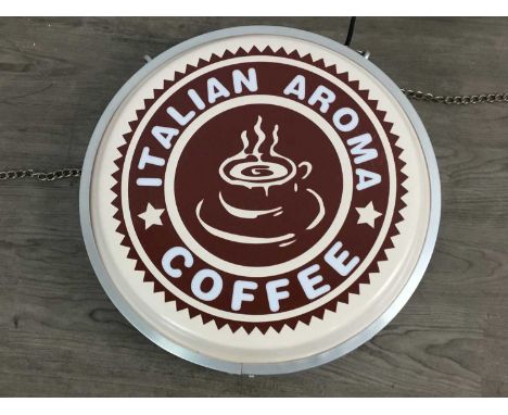 ITALIAN AROMA, WILL LIGHT COFFEE SIGN with hanging chain40cm diameter 