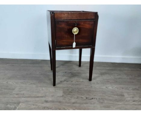 GEORGIAN MAHOGANY BEDSIDE CUPBOARD,  AND A GEORGE III FOLD OVER TEA TABLE  the cupboard with mock front drawer, the tea table