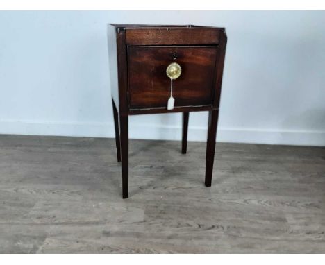 GEORGIAN MAHOGANY BEDSIDE CUPBOARD,  AND A GEORGE III FOLD OVER TEA TABLE  the cupboard with mock front drawer, the tea table