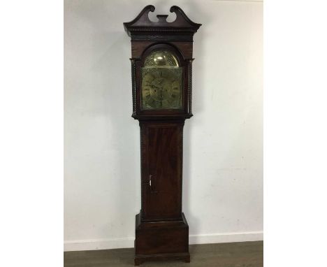 MAHOGANY GRANDFATHER CLOCK, EARLY 19TH CENTURY  the swan neck pediment over a brass dial inscribed Alexr. Mitchel, Gorbals Gl