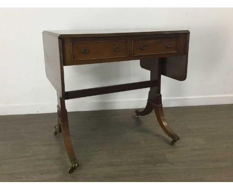 MAHOGANY REPRODUCTION SOFA TABLE, with hinged leaves and two freize drawers135cm wide