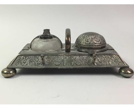 VICTORIAN SILVER PLATED INKSTAND, AND OTHER ITEMS the double inkstand with twin hinged dome covers, along with a plated hip f