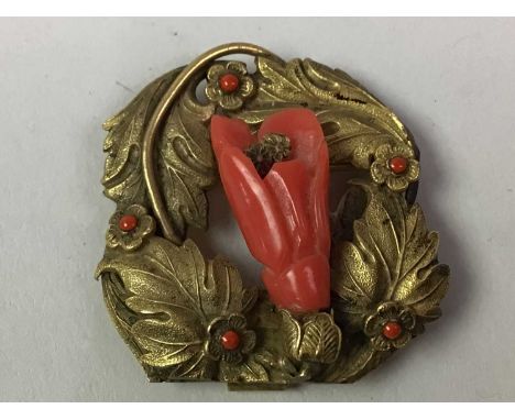 GILT METAL AND CORAL BELT BUCKLE, LATE 19TH / EARLY 20TH CENTURY along with a gilt metal and opal necklaceQty: 2