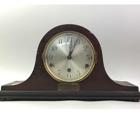 MAHOGANY MANTEL CLOCK, AND ANOTHER MANTEL CLOCK  the mahogany mantel clock with a circular dial with Arabic numerals42cm wide
