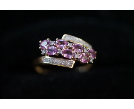 9ct Gold Dress Ring set with Diamonds and possibly Pink Sapphires  (Size R) - 2.8g