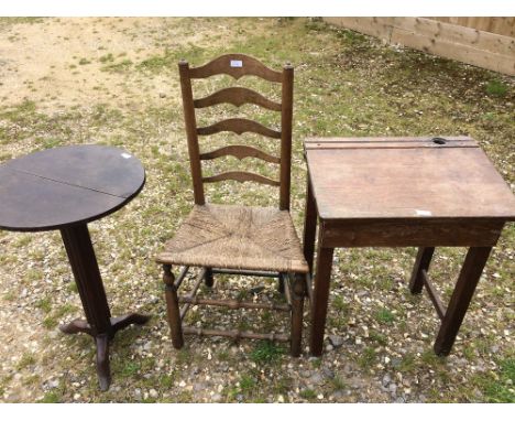 Child's oak school desk, oak occasional table & ladder back oak chair