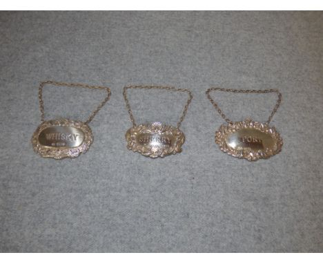 3 various hallmarked silver decanter labels - whisky, port & sherry (scratches/marks)