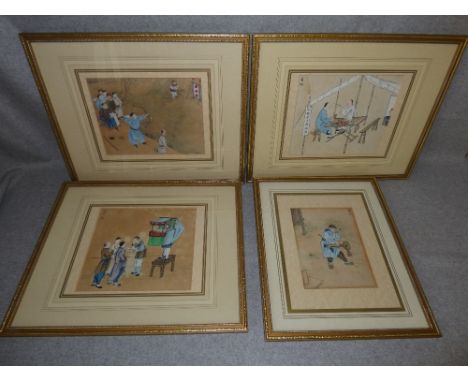 4 Chinese watercolours; Archery, puppet theatre, song bird & applying make-up