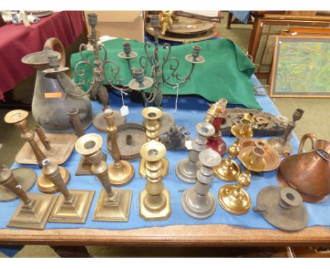 Various chamber sticks, odd candlesticks, Toleware table lamp, 5 pairs of pewter & brass candlesticks, an ornate cast metal d