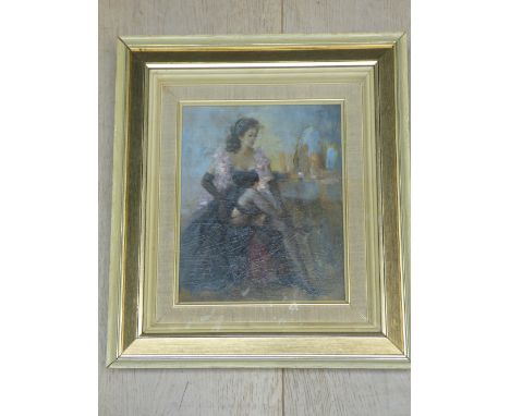 A studio framed oil painting 'Portrait of an Erotic Female in her Boudoir', 23.5 x 18.5, f/g