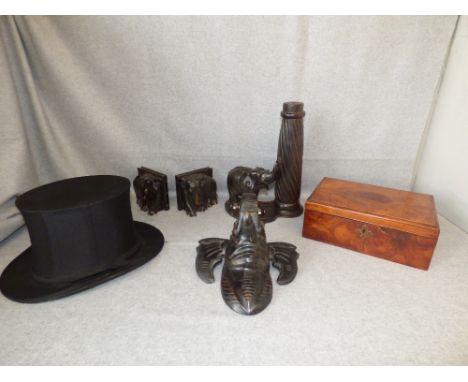 Ebony elephant book ends, elephant table lamp bases (damaged), wall hanging elephant (missing tusks), an inlaid wooden box & 