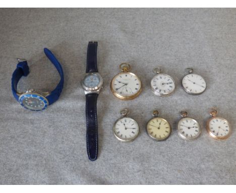 7 various open face pocket watches & 2 gents wristwatches by 'Swatch' & 'Cube' (scratches/marks, glass out on one pocket watc