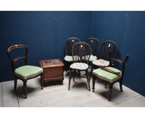 Pair of Victorian mahogany dining chairs, 4 wheel back dining chairs & a Victorian mahogany step commode