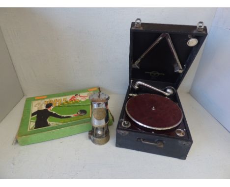 Record player by 'Lawrence Parker', vintage table tennis game & Miner's lamp