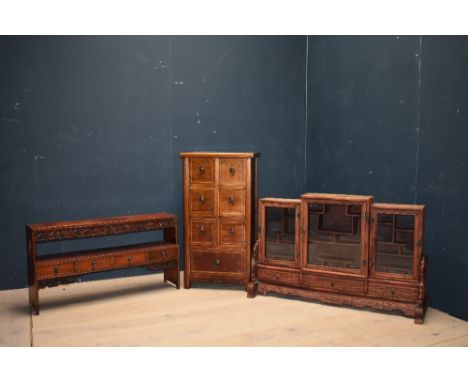 Chinese glazed hardwood triptych snuff bottle display cabinet with drawers below 64H x 96W x 14D cm, 7 drawer spice cabinet 8