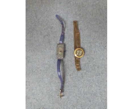 1930's style, diamond set in white metal, ladies cocktail watch & ladies enamel cocktail watch with 9ct gold stays 6g
