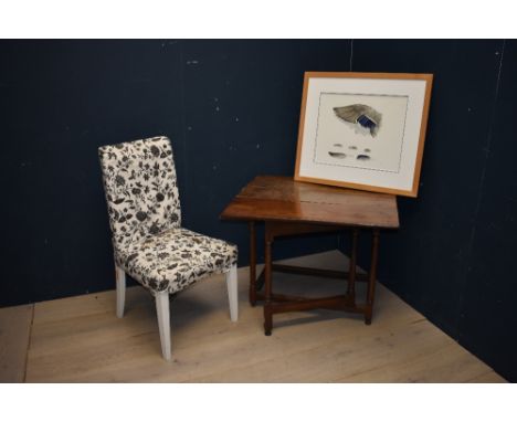 Chair with padded seat and back; oak gate leg table with single flap & watercolour showing details of a birds wings, signed '