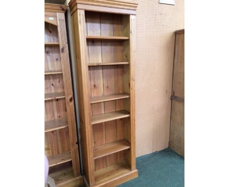 Modern tall pine free standing book shelf and 2 various pine bookshelves 202x64, 107x96 cm. 137 x 120 cm (no signs of damage,