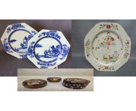Pair Chinese blue and white octagonal plates, 22 cm dia.; Chinese Famille Rose octagonal plate 22 cm dia.; Pair Chinese clois