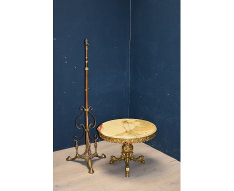 Onyx & brass coffee table 46H x 62D cm & a brass telescopic standard lamp