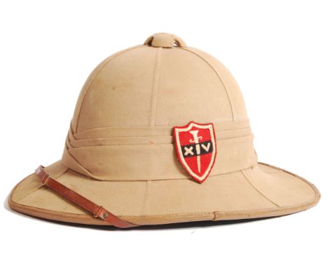 An original rare WWII Second World War uniform Pith helmet - with original Fourteenth Army Group cloth patch. Officer's helme