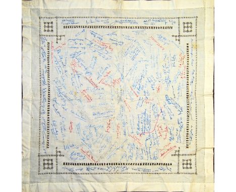 A charming unique original WWII Second World War related hand stitched cotton table cloth - stitched with the autographs of v