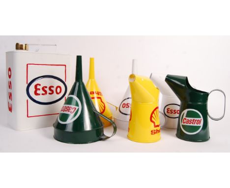 A collection of vintage style motor oil / fuel automobiilia to include; rectangular Esso fuel can, 3x 28cm funnels ( Esso, Ca