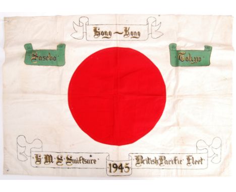 A rare original WWII Second World War Royal Navy Japanese Surrender flag. Inscription for HMS Swiftsure - British Pacific Fle