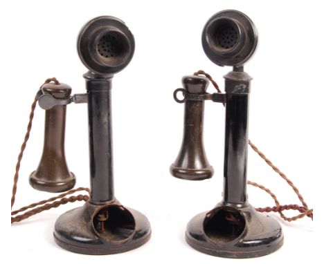 Two original early 20th century c1914 candlestick / stick telephones - both with&nbsp; ' No.22 ' bakelite microphones fitted.